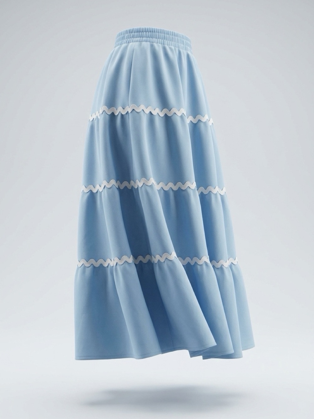 Light Blue Tiered Maxi Skirt with White Trim